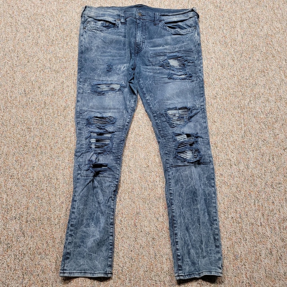 True Religion Rocco Jeans Mens 40 Blue Distressed Marbled Relaxed Skinny Fit
